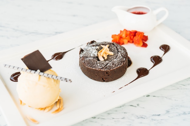 Sweet dessert with chocolate lava cake and ice cream
