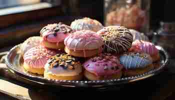 무료 사진 인공 지능에 의해 생성된 축하를 위한 방종을 유혹하는 분홍색 접시에 있는 달콤한 도넛