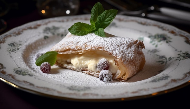 Foto gratuita torta dolce con decorazione di lamponi e panna montata generata da ai