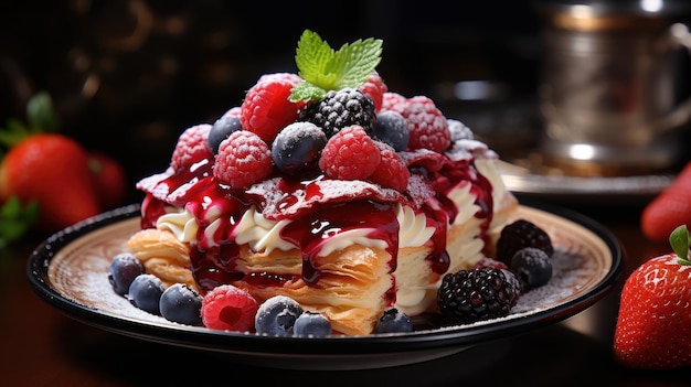 Free photo sweet strawberry tart decorated with berries placed on a comfy bed