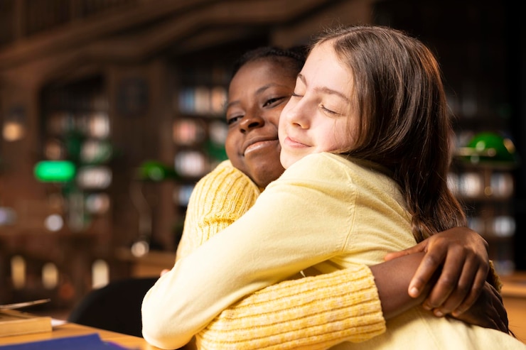 Free Photo sweet teenage girls having fun laughing and gossiping together in a public library