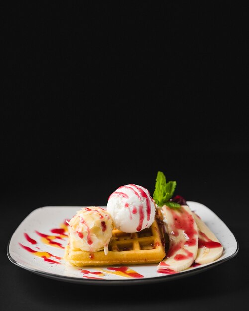 Sweet waffles with ice cream copy space