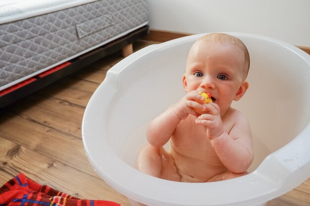 Sweet wet baby biting yellow rubber toy duck while having tub at home. Closeup shot. Child care or healthcare concept