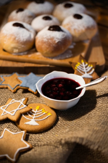 Sweets with jam traditional hanukkah jewish concept