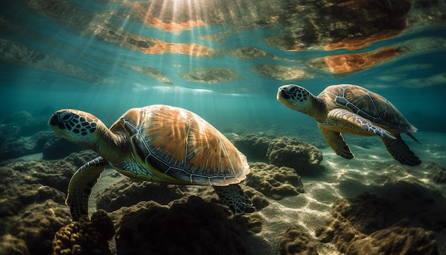 AI によって生成されたマウイ礁の下でゆっくりと泳ぐタイマイ