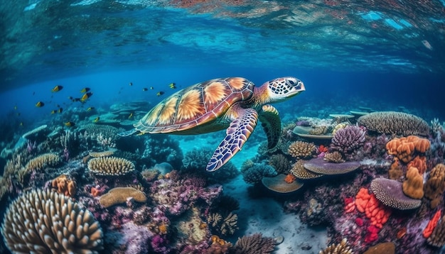 Swimming with sea turtles in tropical reef generated by AI