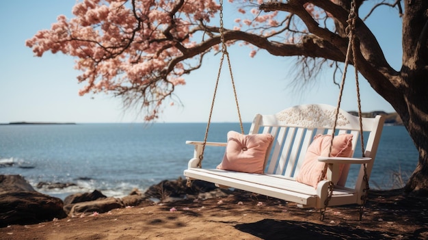 Foto gratuita l'altalena pende da un albero in fiore la sua presenza serena invita al relax sul bordo del mare