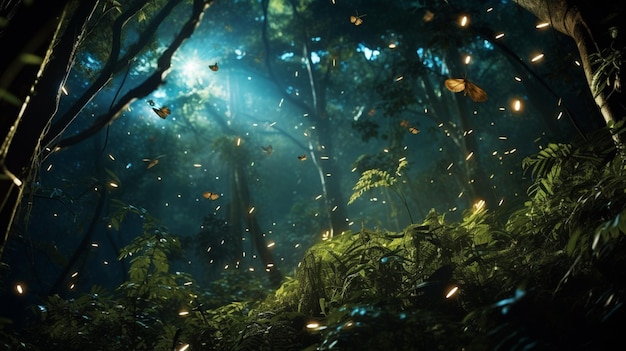Swirling swarm of fireflies creating a magical atmosphere in the moonlit jungle canopy