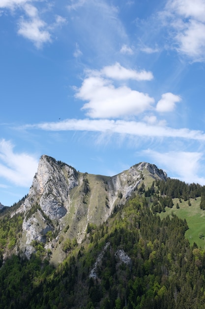 Swiss Alps covered with forests under a blue cloudy sky near the French border