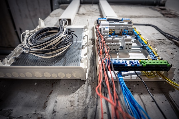 Switchboard with many switches and fiber optic cables.