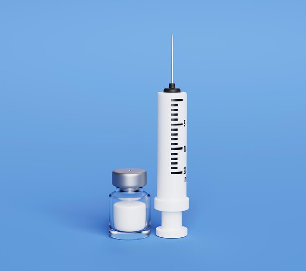 파란색 배경 3d 그림 만화 의료 및 의료 개념에 주사기 및 백신 병 아이콘 기호 또는 기호