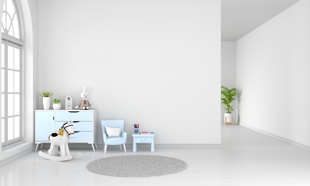 Table and armchair in white child room interior with copy space