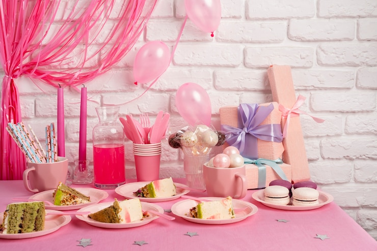 Free Photo table arrangement for birthday event with slices of cake and macaroons
