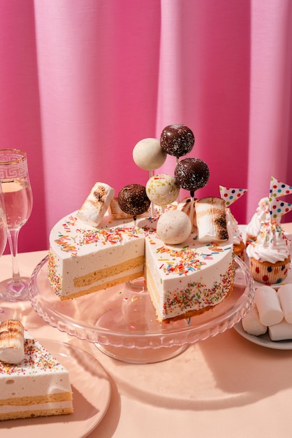Бесплатное фото Сервировка стола на день рождения с тортом и леденцами