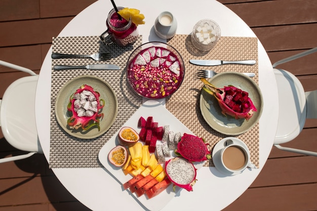 Table arrangement with dragon fruit snacks outdoors