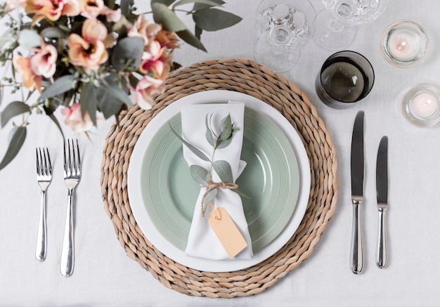 Table arrangement with flowers above view