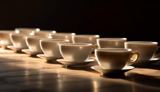A table full of cups with one being a teapot