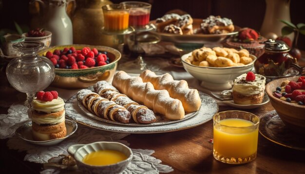 Стол, полный еды, включая апельсиновый сок и фрукты.