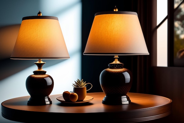 A table lamp with a cup of coffee and a lamp on it.