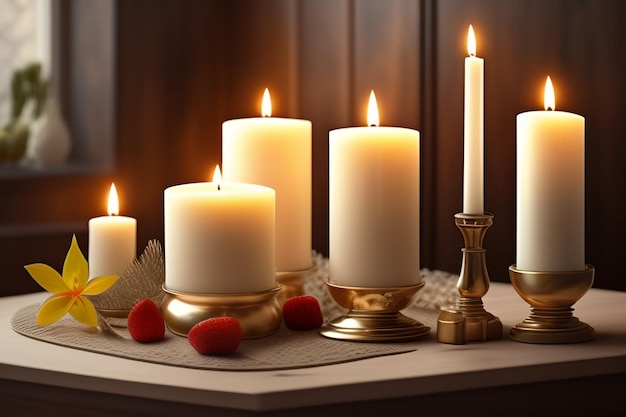 A table with candles and a red berry on it