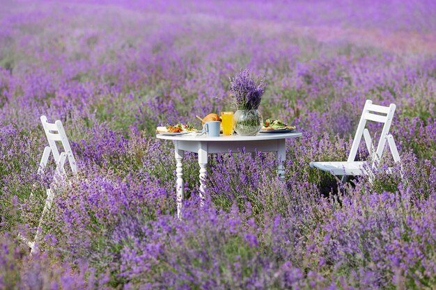 Table with food and two chairs in lavender field