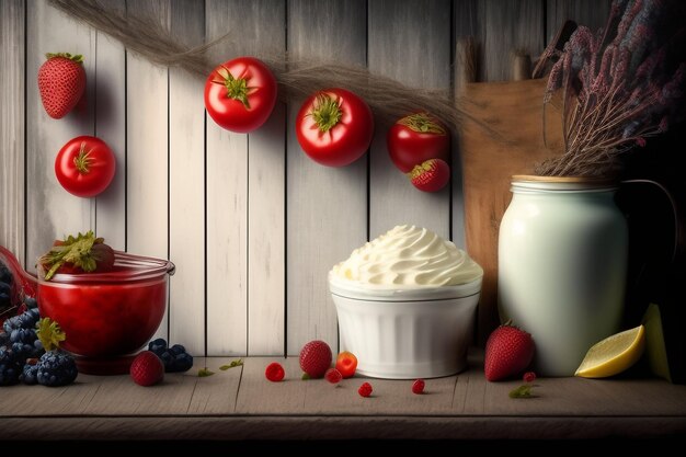 A table with a jar of whipped cream and a jar of whipped cream.