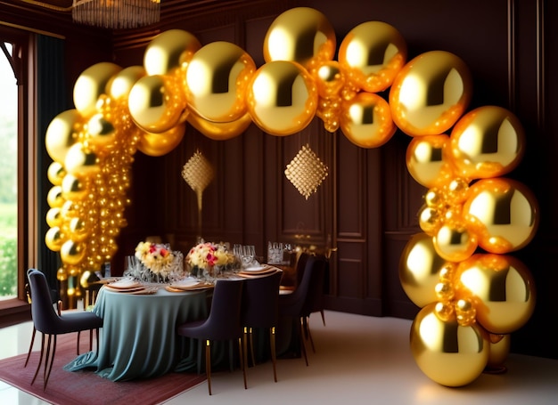 A table with a table and chairs and a large balloon arch