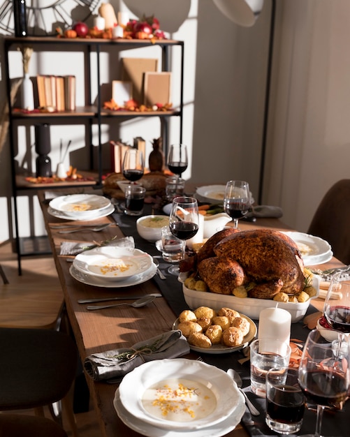 Table with traditional food for thanksgiving day celebration