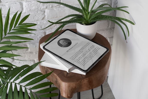 Tablet and books arrangement on table