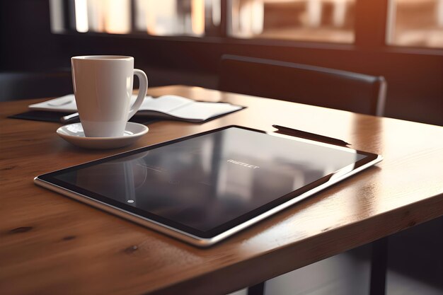 Foto gratuita tablet e tazza di caffè su un tavolo di legno in una caffetteria