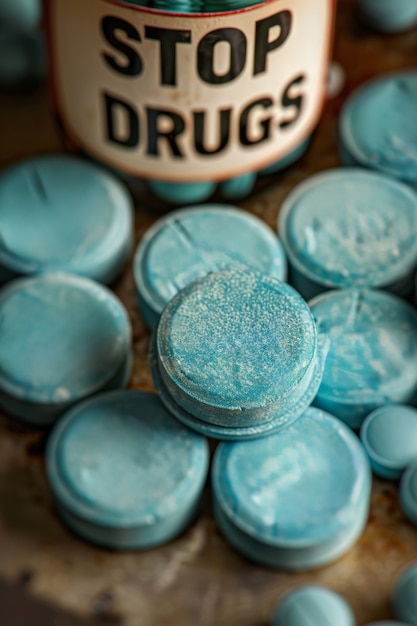 Free photo tablets and pills of different colors with stop drugs text