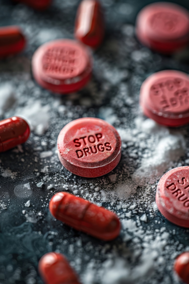 Free Photo tablets and pills of different colors with stop drugs text