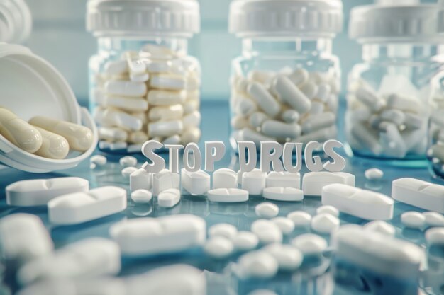 Free photo tablets and pills of different colors with stop drugs text