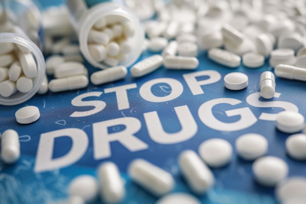 Free photo tablets and pills of different colors with stop drugs text