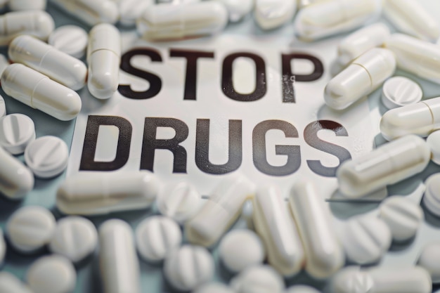 Free photo tablets and pills of different colors with stop drugs text