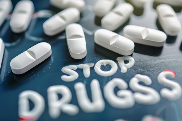 Free photo tablets and pills of different colors with stop drugs text