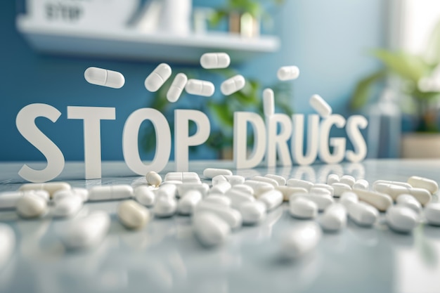 Free photo tablets and pills of different colors with stop drugs text