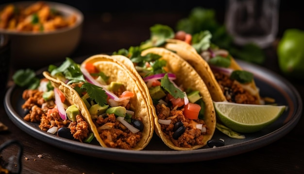 Foto gratuita taco con guacamole e carne cibo manzo cilantro tortilla pane piatto cultura messicana generata dall'intelligenza artificiale