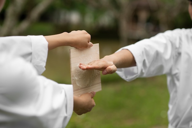 Free photo taekwondo training taking place outdoors in nature with two people