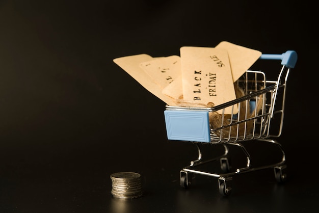 Tags in shopping trolley near coins 