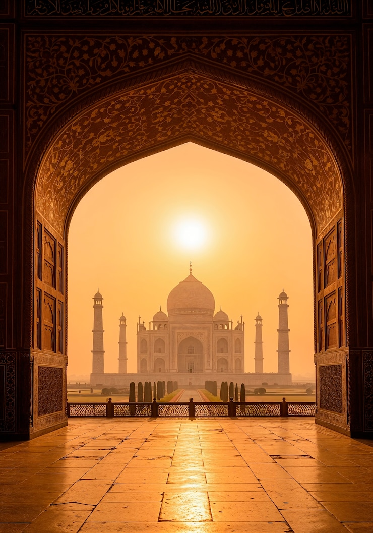 Free Photo taj mahal view through an archway at sunset