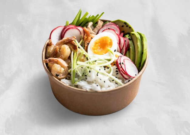 Takeaway egg and prawn poke bowl