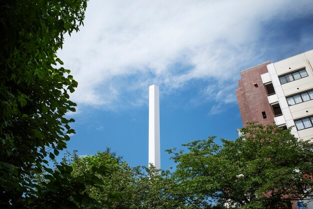 Tall chimney surrounded by trees low angle