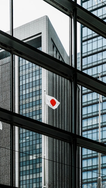 Высокие офисные современные здания и флаг японии
