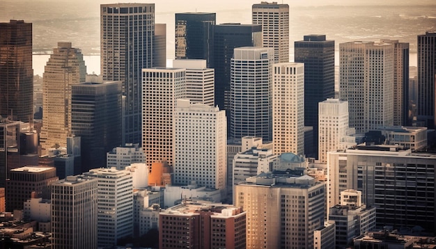 Foto gratuita alti grattacieli illuminano lo skyline della città al crepuscolo generato dall'intelligenza artificiale