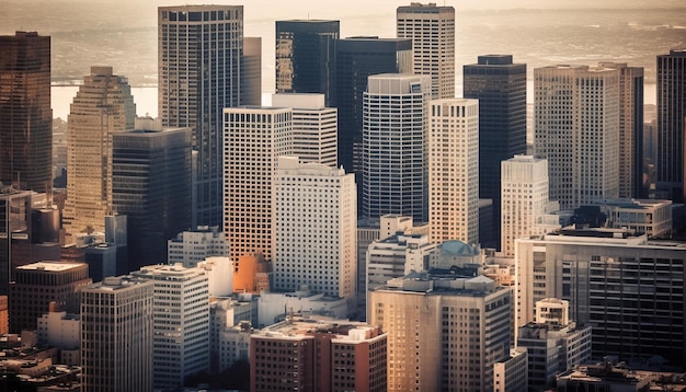 Free photo tall skyscrapers illuminate city skyline at dusk generated by ai