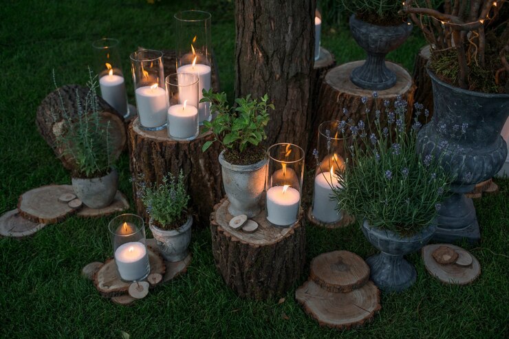 Free Photo tall vases with white candles stand on the blocks in the garden