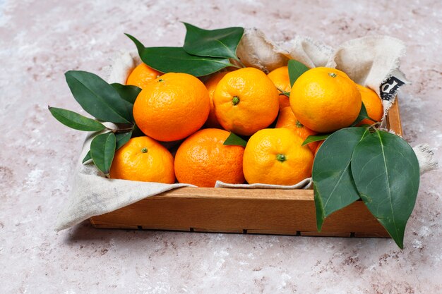 Tangerines (oranges, clementines, citrus fruits) with green leaves on concrete surface with copy space