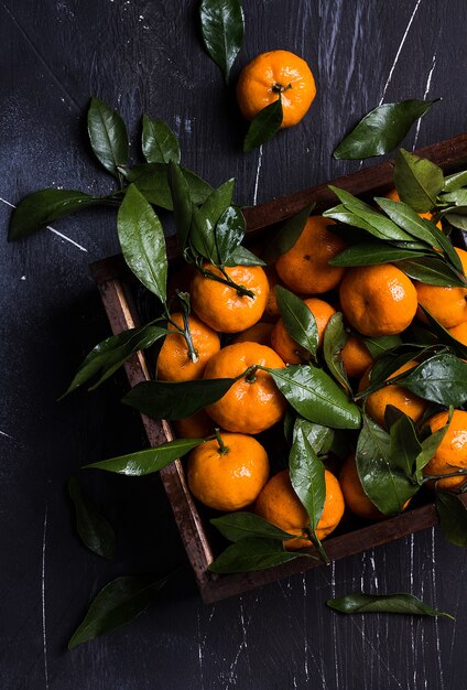 Tangerines with green leaves in wood box on dark