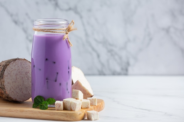 Taro potato iced tea on table